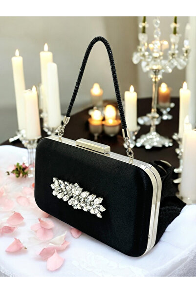 MidStore Black Color Satin Stone Handle Women's Evening Dress Bag