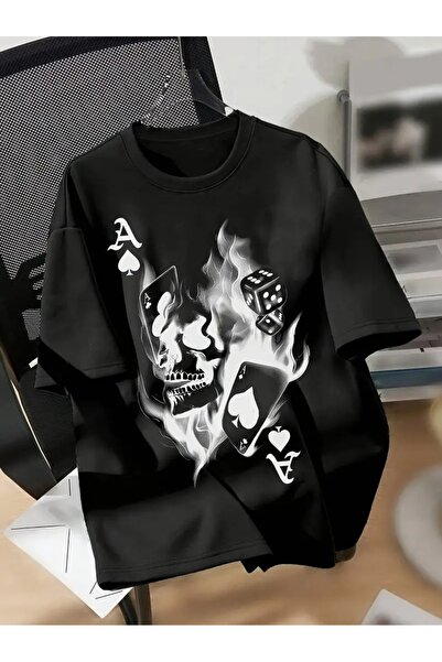 Massgai Tricou oversize 100% bumbac unisex cu imprimeu cu cap de schelet