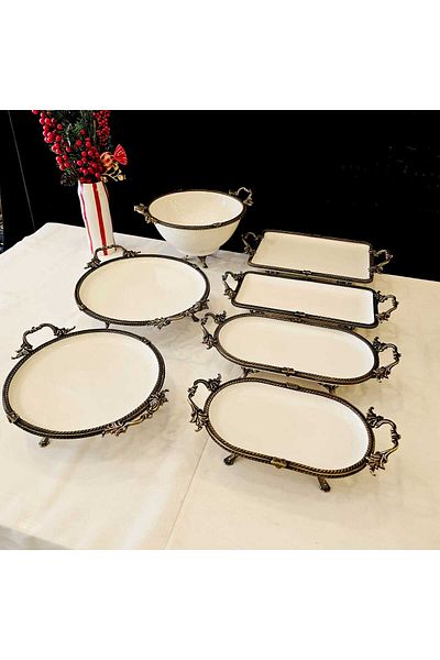 MaviDamla Footed Porcelain Presentation Set with Cast Frame 7 Pieces Gold Decorated