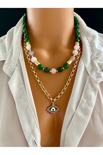 Limi Design قلادة متعددة من العقيق الأخضر والعقيق الوردي والأحجار الكريمة الط...