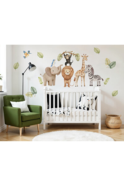 Happy Kid Rooms Safari Hayvanları Tropical Yaşam Zebra Fil Aslan Maymun Züraf...