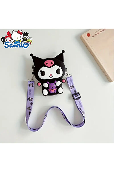 FuryaTedarik Kız Çocuk Sanrio Kuromi Figürlü Çıkartılabilir Ayarlanabilir Askı Silikon Çapraz Çanta Cüzdan