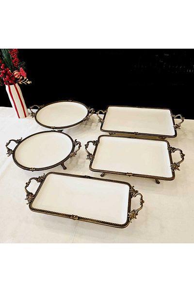 MaviDamla Cast Iron Framed Leg - Porcelain Presentation Set 5 Pieces Gold Eskiğme