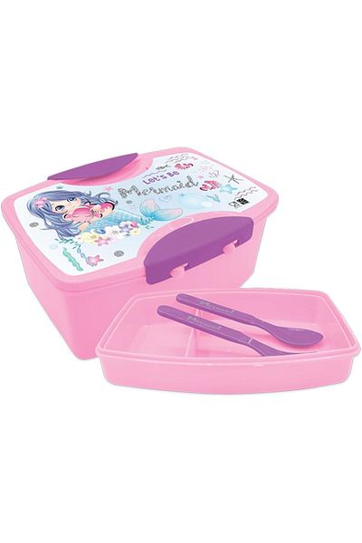 Generic Mermaid Kids Plastic Lunch Box with Fork and Spoon, Pink