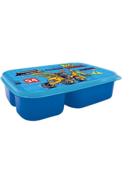 Generic Plastic Construction Vehicle Printed Design Lunch Box with 3 Compartments for Kids, Blue