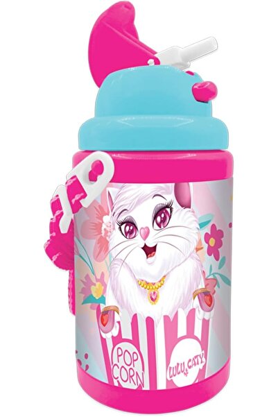 LuluCaty زجاجة مياه بلاستيكية من لولو كاتي مع شفاطة وحزام للأطفال، لون وردي/أ...