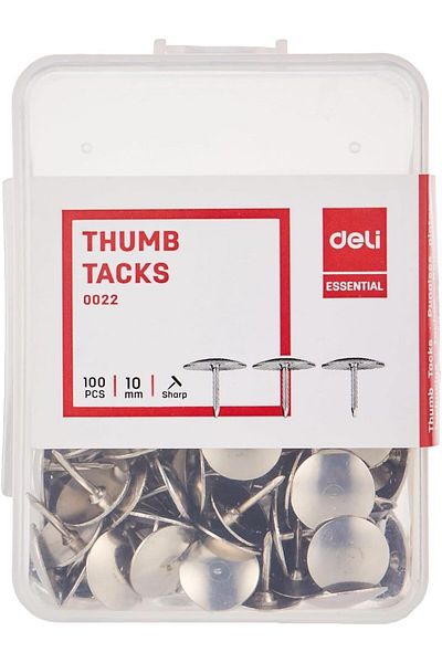 Deli 100-Piece Thumb Tacks, 10 mm Size, Silver