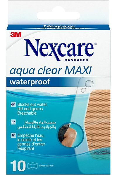 Nexcare Aqua Clear MAXI Waterproof Bandages/plasters, 60 mm x 88 mm,10 units/Pack | Breathable, Elas