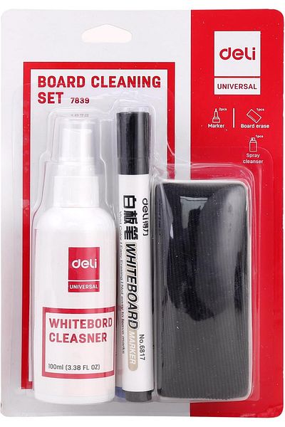 Deli Whiteboard Cleaning Kit (100 ml Cleaning Spray, 2 Dry Erase Pens (Bullet Tip 2 mm, Black and Bl