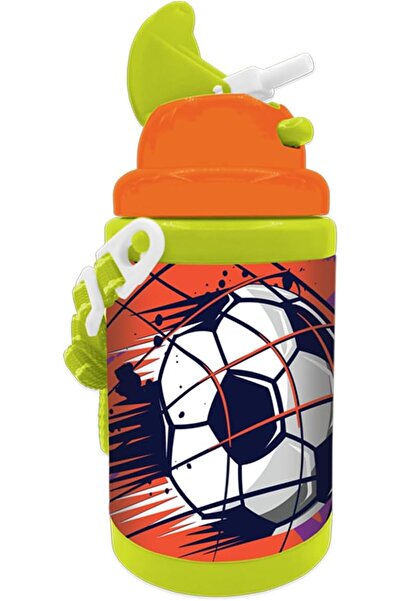Generic Plastic Football Printed Design Water Bottle for Kids, 450 ml Capacity, Green/Orange
