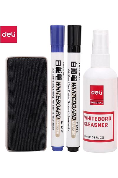 Deli Whiteboard Cleaning Kit (100 ml Cleaning Spray, 2 Dry Erase Pens (Bullet Tip 2 mm, Black and Bl