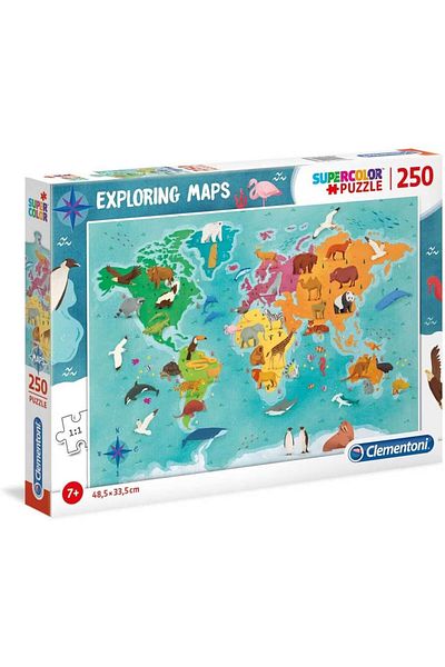 CLEMENTONI Exploring Maps - Animals in the World Puzzle 250PCS (48 x 33.5 CM), for Age 7+ Years Old
