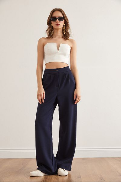 Olalook Pantaloni Palazzo crep pentru femei, albastru bleumarin, cu buzunare, PNT- 19000318