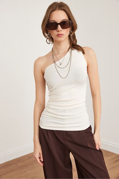 Olalook Ecru Drape Detailed Women's One Shoulder Soft Touch Bluz Blz- 19002887