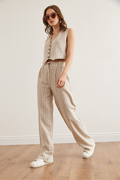 Olalook Kadın Taş Siyah Üst Yelek Alt Cepli Pantolon Çizgili Keten Takım TKM-19000360