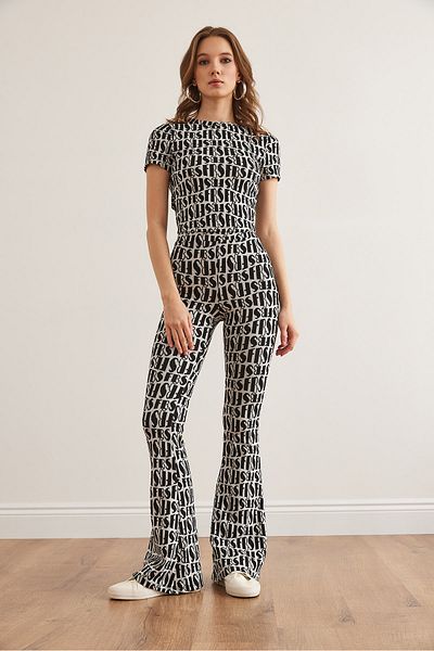 Olalook Women's Black and White Backless Blouse Spanish Leggings Jacquard Suit Tkm- 19000361