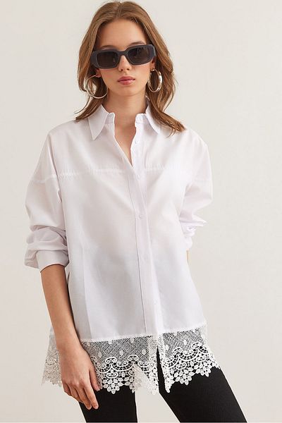 Olalook Cămașă Boyfriend cu dantelă albă pentru femei GML- 19001298