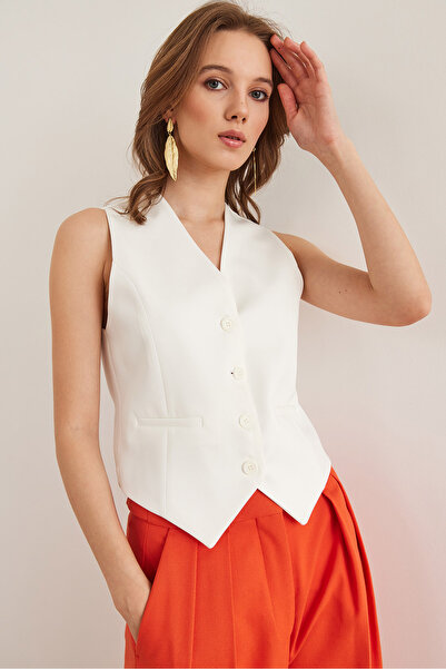 Olalook Дамска бяла двойна жилетка Fleto Pocket Premium с подплата YLK-19000057