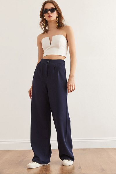 Olalook Pantaloni Palazzo crep pentru femei, albastru bleumarin, cu buzunare, PNT- 19000318