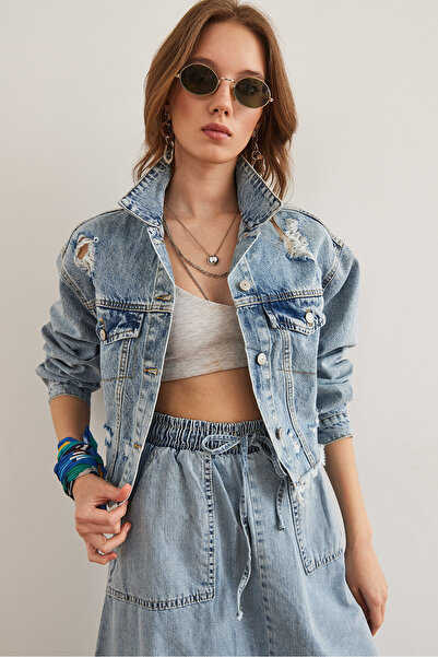 Olalook Dámská modrá laserová roztrhaná džínová bunda CKT- 19000429