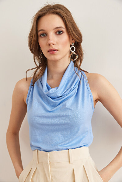 Olalook Women's Patterned Blue Buttoned Back Blouse Blz- 19002833