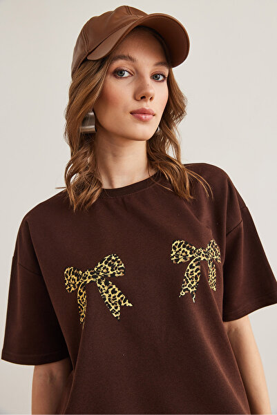 Olalook Γυναικείο Μπλουζάκι Καφέ Λεοπάρ Φιόγκος Λεπτομερές Boyfriend 2 Thread TSH- 19000846