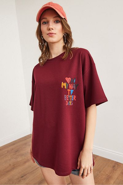 Olalook Tricou unisex oversize pentru femei, burgundă, cu inimă, față, spate, imprimat cu 2 fire TSH- 19000696