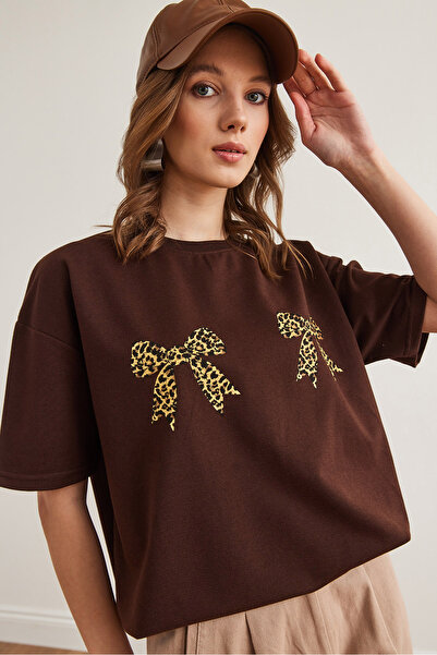 Olalook Γυναικείο Μπλουζάκι Καφέ Λεοπάρ Φιόγκος Λεπτομερές Boyfriend 2 Thread TSH- 19000846