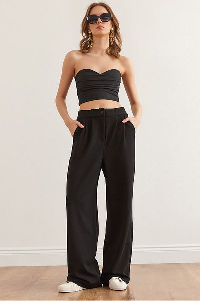 Olalook Schwarze Palazzo-Crepp-Pantalon mit Taschen und Falten für Damen PNT- 19000318