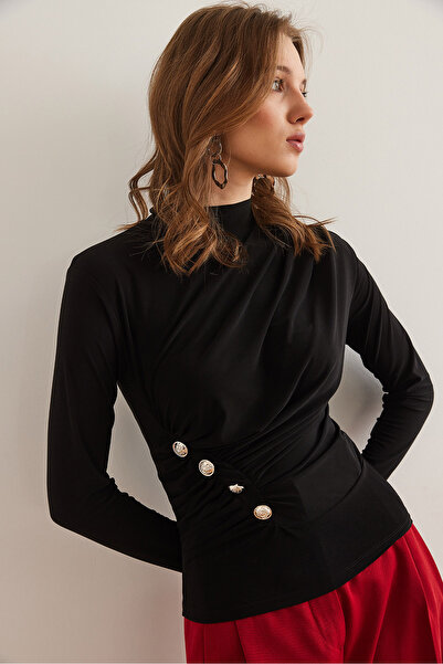 Olalook Women's Black Drape Detailed Buttoned Waist Sandy Blouse Blz- 19002879