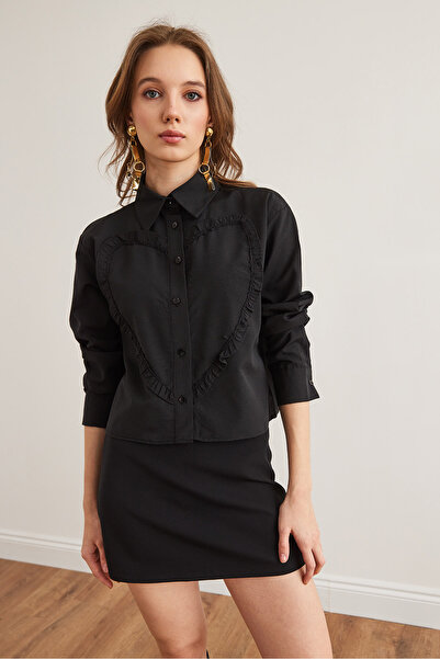 Olalook Kadın Siyah Kalp Detaylı Dokuma Crop Gömlek GML-19001302