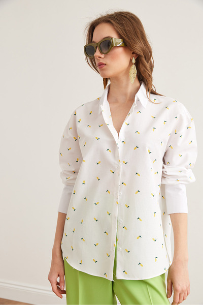 Olalook Női fehér citrom nyomott Boyfriend szőtt ing GML- 19001299