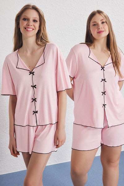 Trendyol Curve Pink V-Neck Ribbon Knitted Pajamas Set Tbbss25Ai00116