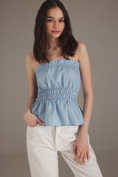 Trendyol Collection Μπλε στράπλες ριγέ υφαντή μπλούζα TWOSS25BZ00499