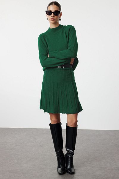 Trendyol Collection Emerald Green Knitwear Top and Bottom Set - Pleated Skirt, Twoaw23Au00184