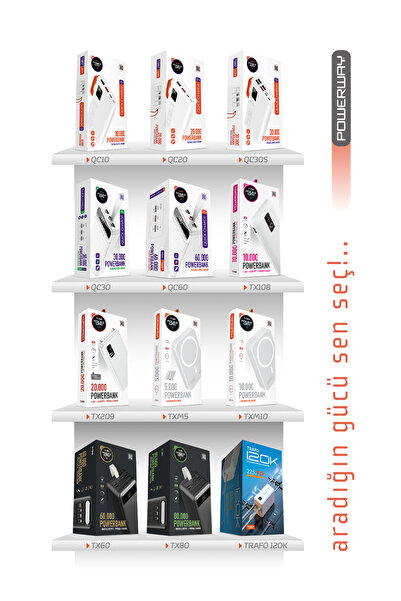 POWERWAY 60.000 Mah Pd 22.5w Kablolu 3.0 Hızlı Şarj Gerçek 60.000 Mah Garantili Işıklı Qc60 Siyah Powerbank