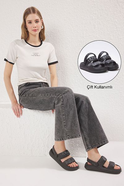TRENDYOL SHOES Černá Dvojitý pásek Světlá podešev Dámské Sandály Eva Pantofle TAKSS25SD00032