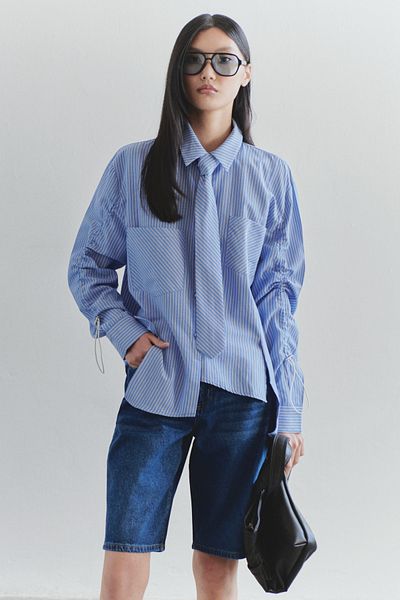Trendyol Collection Limited Edition Blue Tie Detailed Striped Woven Shirt Twoss25Go00118