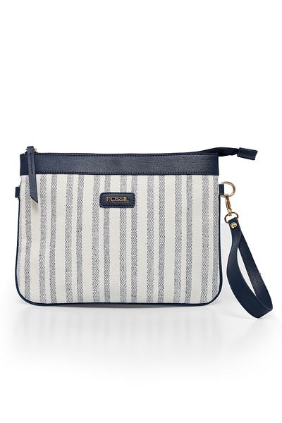 Fossil Navy Blue Women's Long Strap Line Patterned Canvas Clutch Handbag 05Fo25Y5052