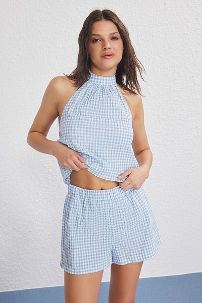 Trendyol Collection Set aus blau karierten Strandblusen und Shorts TBESS25AU00074