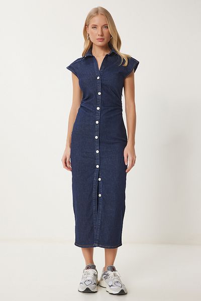 Happiness İstanbul Dunkelblaues, gerafftes, detailliertes Jeanskleid für Damen DJ00002