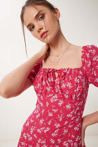 Happiness İstanbul Női sötét rózsaszín virágmintás nyári szőtt ruha RG00051