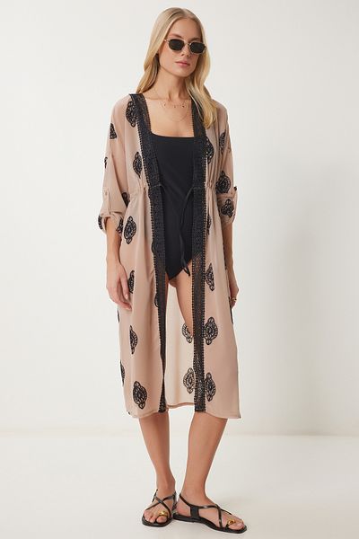 Happiness İstanbul Kimono din dantela bej - Sifon cu dungi brodate DJ00001
