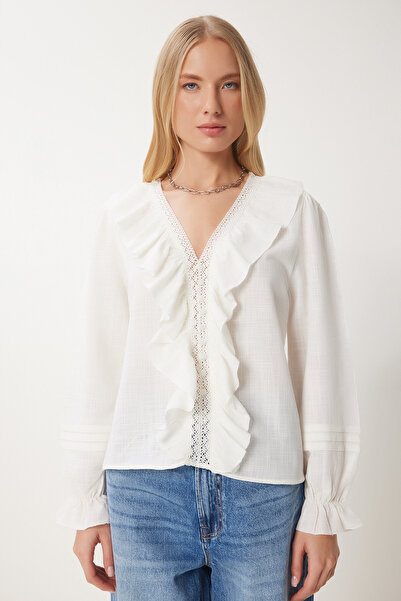 Happiness İstanbul Kadın Kemik Dantel Şeritli Fırfırlı Keten Bluz CR00468