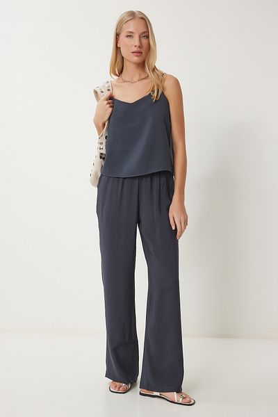 Happiness İstanbul Anthrazitfarbener, gewebter Blusen-Hosensatz für Damen MC00293