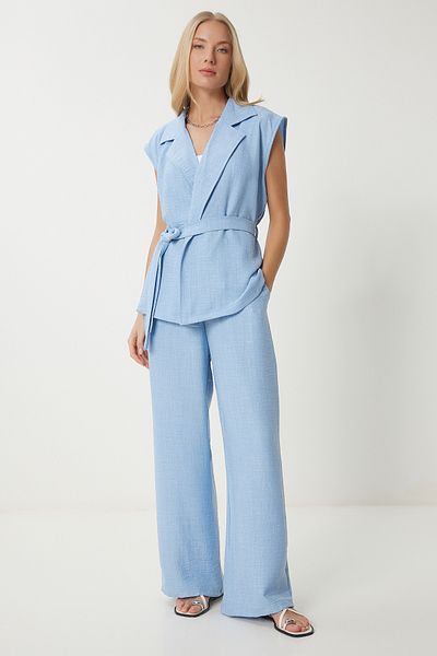 Happiness İstanbul Γυναικείο ουρανό μπλε φανελάκι με ζώνη Palazzo Woven Suit BY00056
