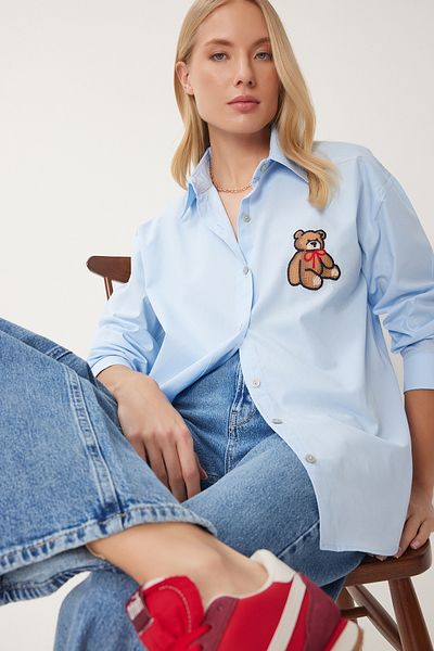 Happiness İstanbul Cămașă țesătă brodata cu ursuleț de pluș albastru pentru femei NJ00166