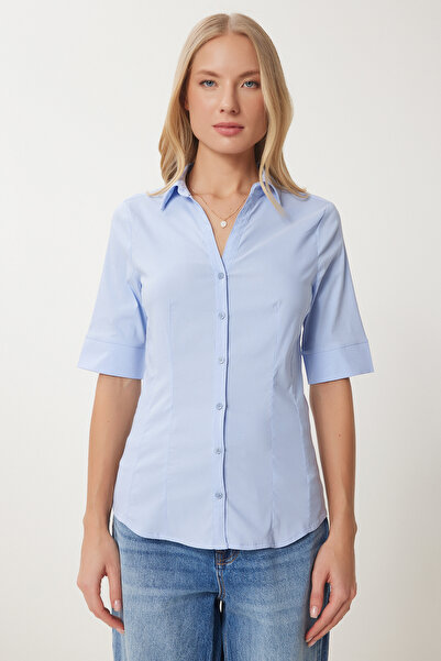 Happiness İstanbul Cămașă de bază din popelin cu pensulă albastru cer pentru femei WF00095