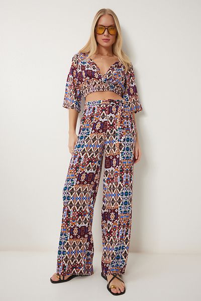 Happiness İstanbul Damen-Blusen-Hosenanzug mit Burgunder-Orange-Muster ZV00270