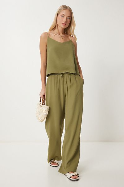 Happiness İstanbul Khakifarbener, gewebter Blusen-Hosensatz für Damen MC00293